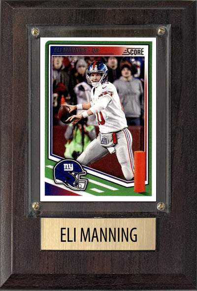 Eli Manning New York Giants 2025 2024 Donruss Score Prizm Topps 4x6 Gift football plaque with 1 trading card and engraved nameplate, 4x6 fan cave display