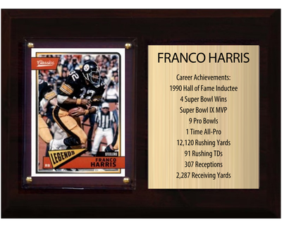 Franco Harris Pittsburgh Steelers football stats plaque with 1 trading card and engraved nameplate, 6x8 fan cave display
