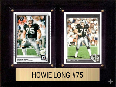 Howie Long Las Vegas Raiders football plaque with 2 trading cards and engraved nameplate, 6x8 fan cave display