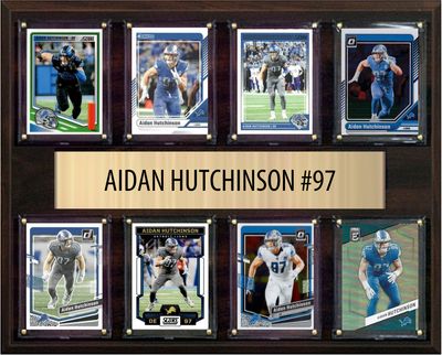 Aidan Hutchinson Detroit Lions football plaque with 8 trading cards and engraved nameplate, 12x15 fan cave display