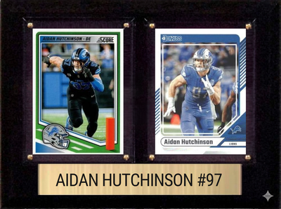 Aidan Hutchinson Detroit Lions football plaque with 2 trading cards and engraved nameplate, 6x8 fan cave display