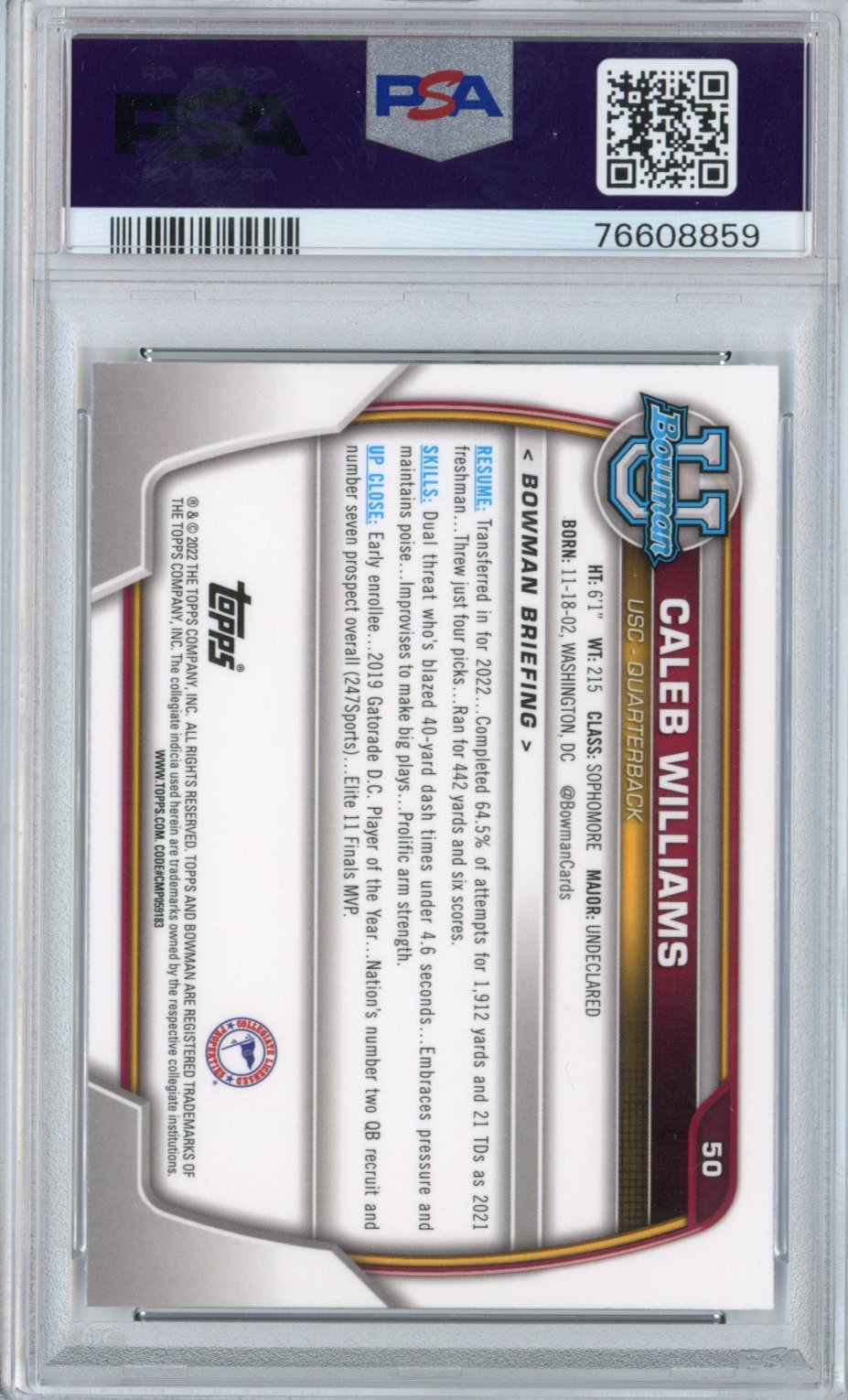 Graded 2022 Topps Bowman University Caleb Williams #50 Chrome Prospects Rookie RC Football Card PSA 10 Gem Mint