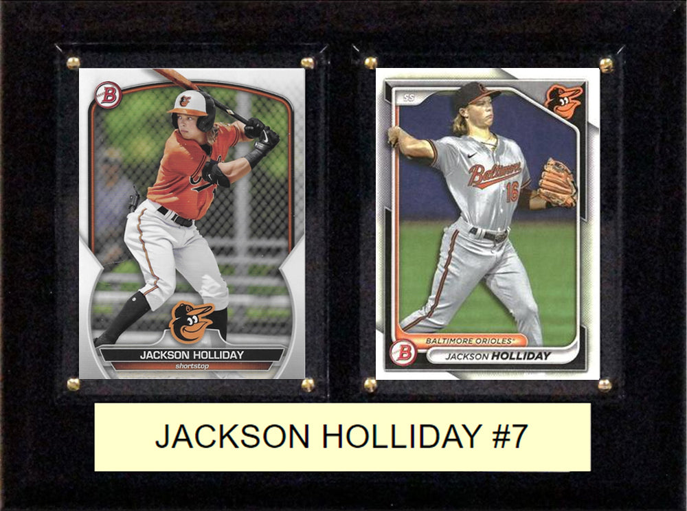 Jackson Holliday #7 Baltimore Orioles 2024 2023 Bowman baseball plaque with 2 trading cards and engraved nameplate, 6x8 fan cave display