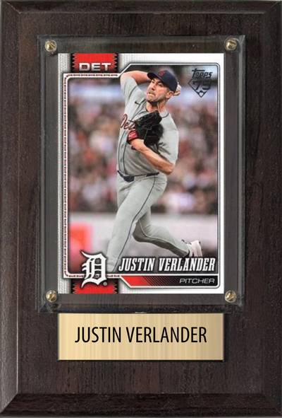 Justin Verlander Detroit Tigers baseball plaque with 1 trading card and engraved nameplate, 4x6 fan cave display