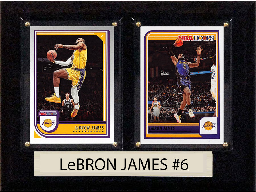 LeBron James 2 Card basketball plaque with 2 trading cards and engraved nameplate, 6x8 fan cave display