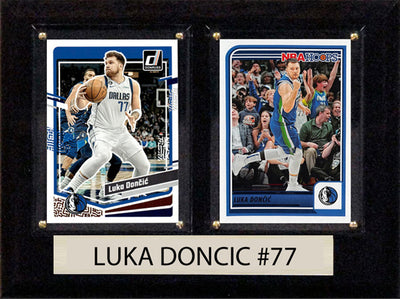Luka Doncic Dallas Mavericks 2023-2024 Hoops Donruss 2 Card basketball plaque with 2 trading cards and engraved nameplate, 6x8 fan cave display