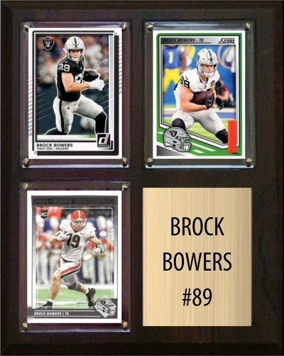 Brock Bowers Las Vegas Raiders football plaque with 3 trading cards and engraved nameplate, 8x10 fan cave display