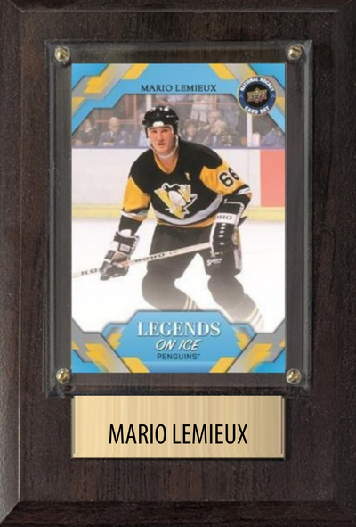 Mario Lemieux Pittsburgh Penguins HOF hockey plaque with 1 trading card and engraved nameplate, 4x6 fan cave display