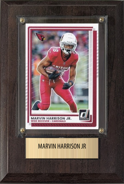 Marvin Harrison Jr Arizona Cardinals football plaque with 1 trading card and engraved nameplate, 4x6 fan cave display