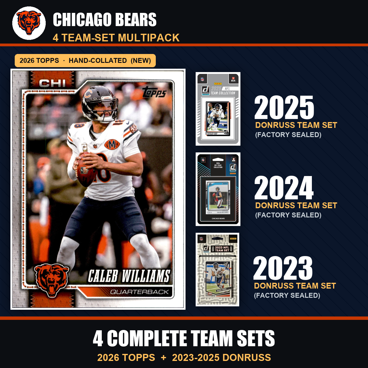 Chicago Bears Football Team Set Multipack - 2026 Topps + 2025 2023 Donruss - 3 Complete Team Sets - Caleb Williams