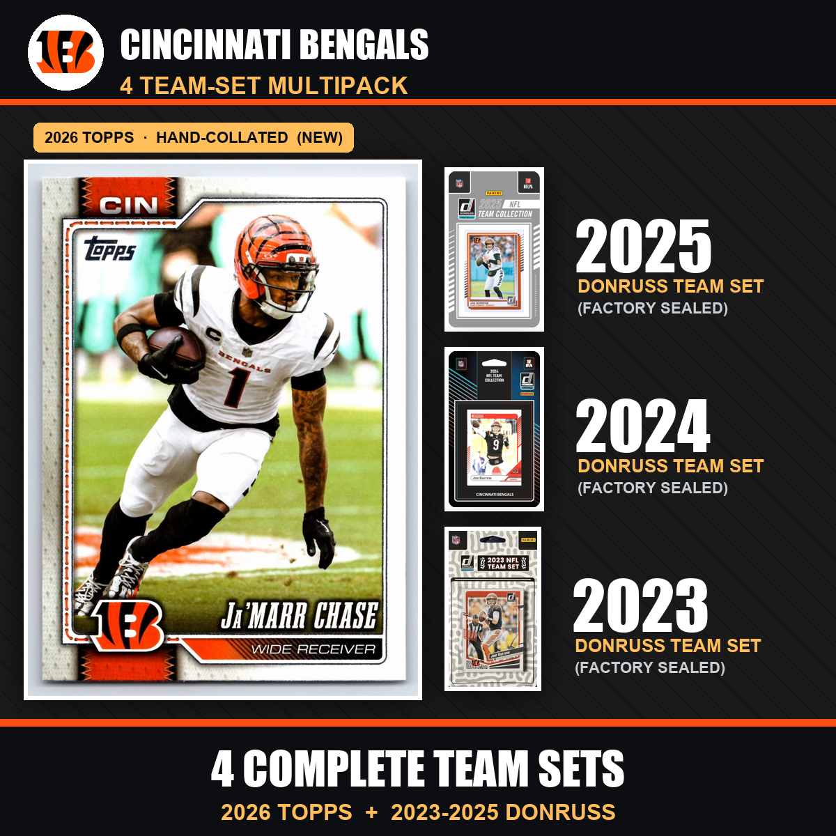 Cincinnati Bengals Football Team Set Multipack - 2026 Topps + 2025 2024 2023 Donruss - 4 Complete Team Sets - Joe Burrow