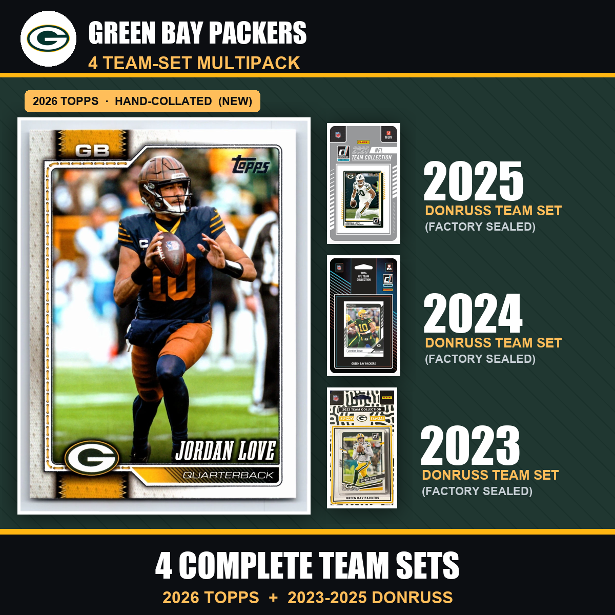 Green Bay Packers Football Team Set Multipack - 2026 Topps + 2025 2024 2023 Donruss - 4 Complete Team Sets - Jordan Love