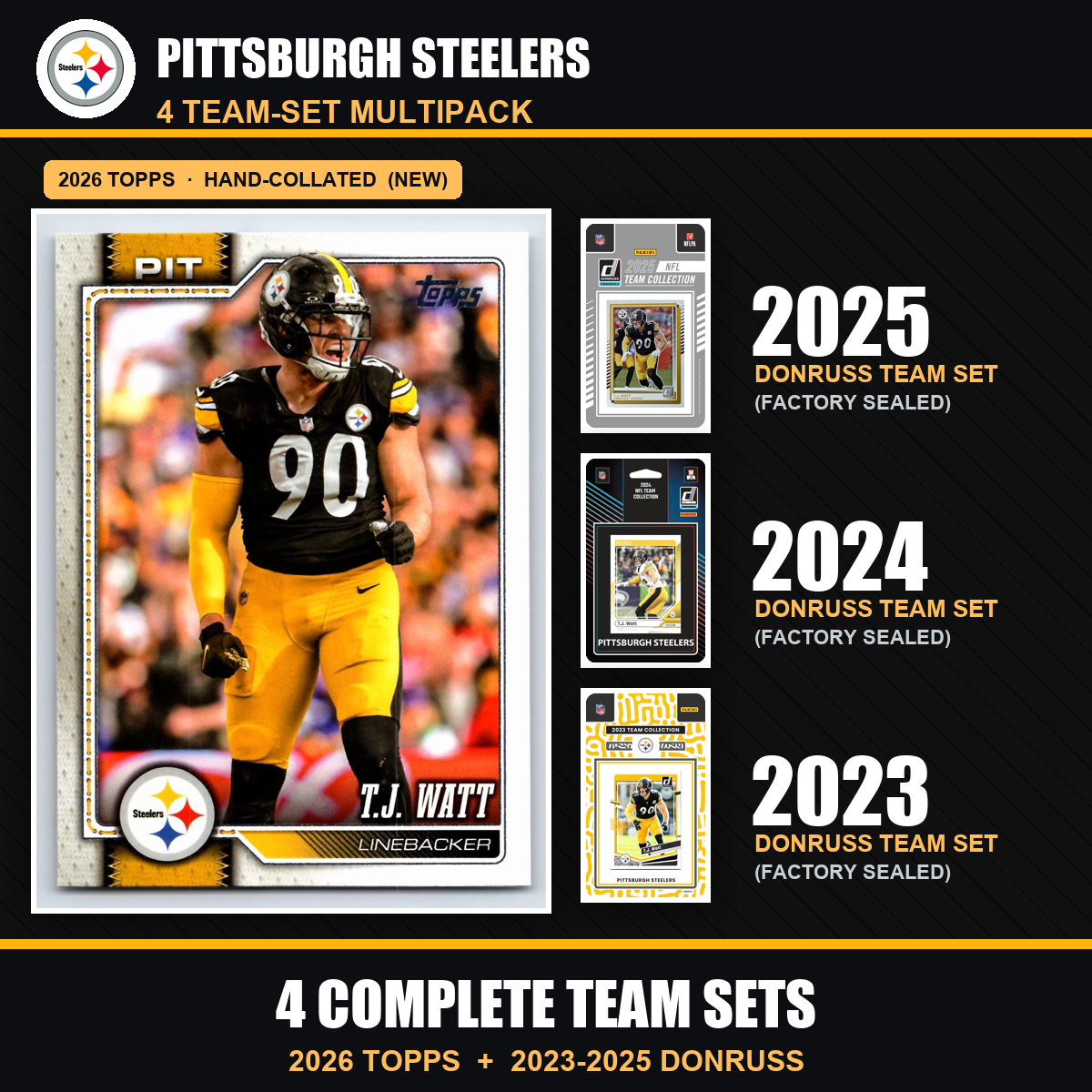 Pittsburgh Steelers Football Team Set Multipack - 2026 Topps + 2025 2024 2023 Donruss - 4 Complete Team Sets - T.J. Watt