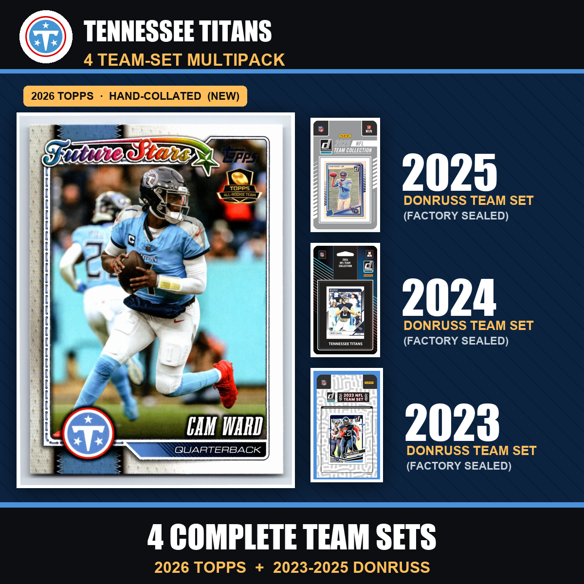 Tennessee Titans Football Team Set Multipack - 2026 Topps + 2025 2024 2023 Donruss - 4 Complete Team Sets - Cam Ward