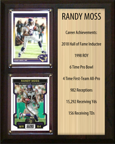 Randy Moss Minnesota Vikings football stats plaque with 2 trading cards and engraved nameplate, 8x10 fan cave display