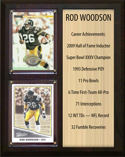 Rod Woodson Pittsburgh Steelers football stats plaque with 2 trading cards and engraved nameplate, 8x10 fan cave display