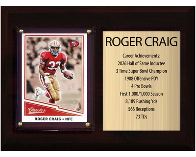Roger Craig San Francisco 49ers football stats plaque with 1 trading card and engraved nameplate, 6x8 fan cave display