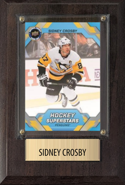 Sidney Crosby Pittsburgh Penguins hockey plaque with 1 trading card and engraved nameplate, 4x6 fan cave display