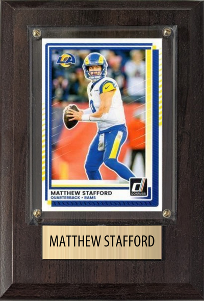 Matthew Stafford Los Angeles Rams football plaque with 1 trading card and engraved nameplate, 4x6 fan cave display