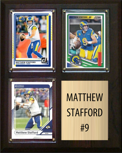 Matthew Stafford Los Angeles Rams football plaque with 3 trading cards and engraved nameplate, 8x10 fan cave display