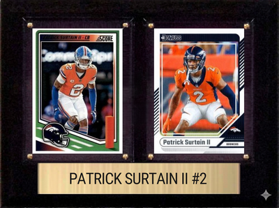 Patrick Surtain II Denver Broncos football plaque with 2 trading cards and engraved nameplate, 6x8 fan cave display