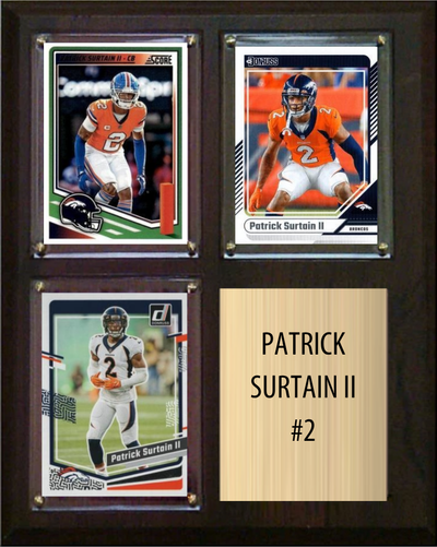Patrick Surtain II Denver Broncos football plaque with 3 trading cards and engraved nameplate, 8x10 fan cave display