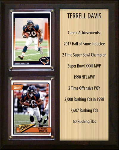 Terrell Davis Denver Broncos football stats plaque with 2 trading cards and engraved nameplate, 8x10 fan cave display