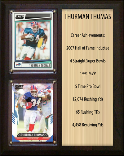 Thurman Thomas Buffalo Bills football stats plaque with 2 trading cards and engraved nameplate, 8x10 fan cave display