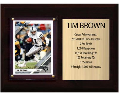 Tim Brown Las Vegas Raiders football stats plaque with 1 trading card and engraved nameplate, 6x8 fan cave display