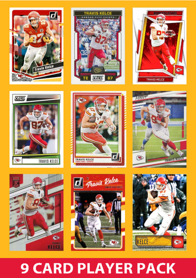 Travis Kelce 9 Card Player Pack 2024 2025 2026 NFL Donruss Panini Score Chiefs plaque