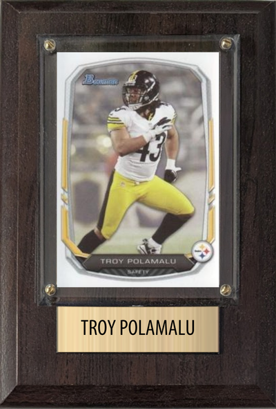 Troy Polamalu Pittsburgh Steelers football plaque with 1 trading card and engraved nameplate, 4x6 fan cave display