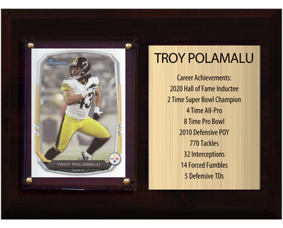 Troy Polamalu Pittsburgh Steelers football stats plaque with 1 trading card and engraved nameplate, 6x8 fan cave display
