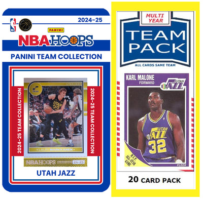 Utah Jazz Multiyear Pack 20 Cards Karl Malone + 2024-25 HOOPS Team Set Markkanen plaque