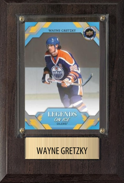 Wayne Gretzky Edmonton Oilers HOF hockey plaque with 1 trading card and engraved nameplate, 4x6 fan cave display