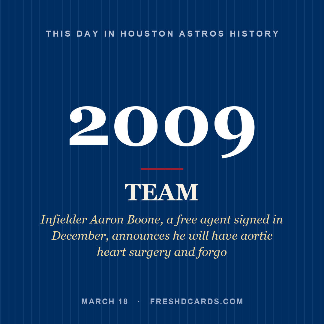 Houston Astros: Houston Astros, 2009, Infielder Aaron Boone, a free agent signed in December, announces he will have aortic heart surgery and forgo