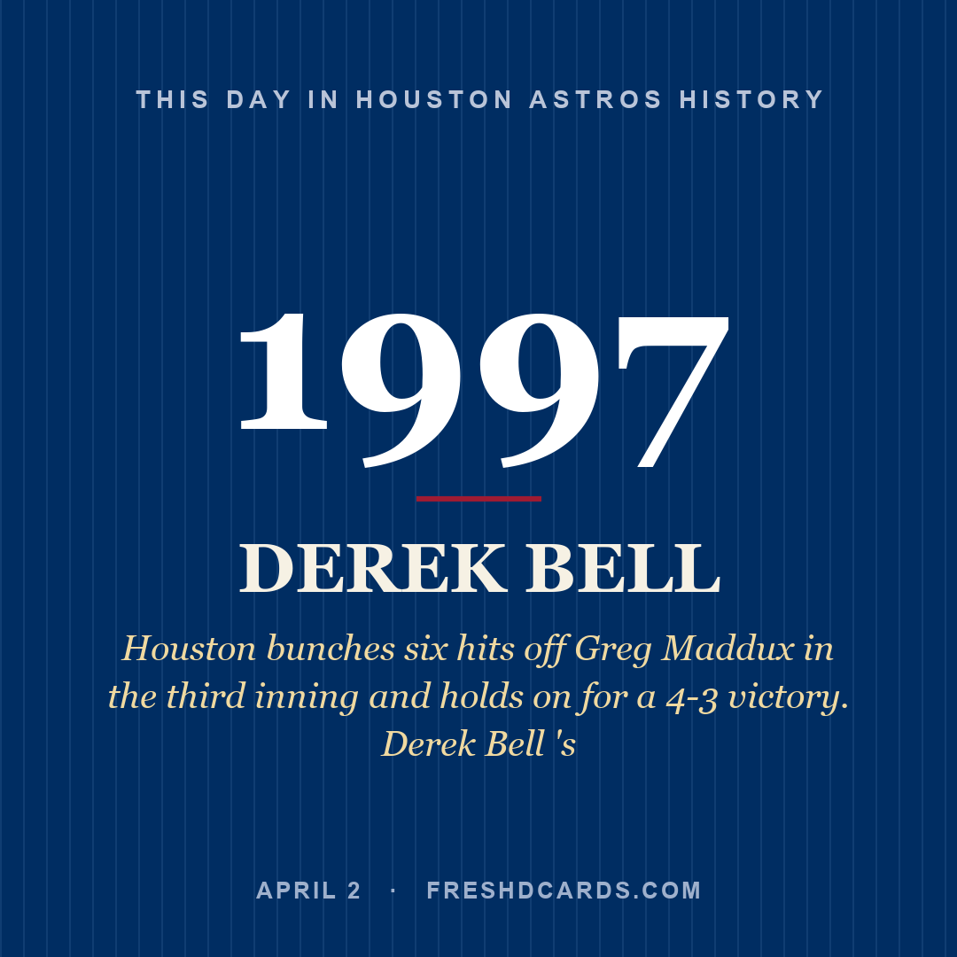 Houston Astros: Derek Bell, 1997, Houston bunches six hits off Greg Maddux in the third inning and holds on for a 4-3 victory. Derek Bell 's