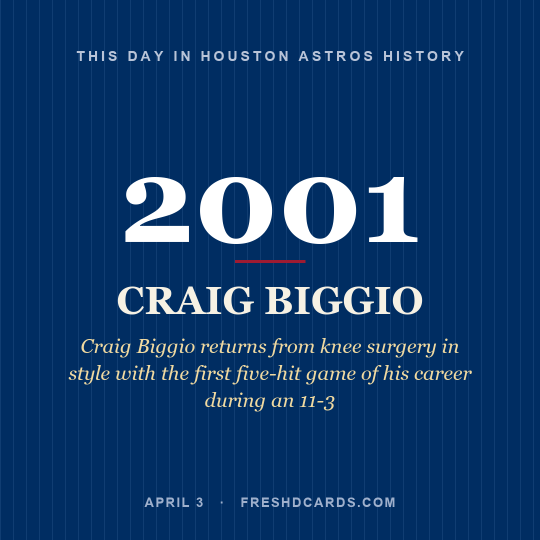 Houston Astros: Craig Biggio, 2001, Craig Biggio returns from knee surgery in style with the first five-hit game of his career during an 11-3