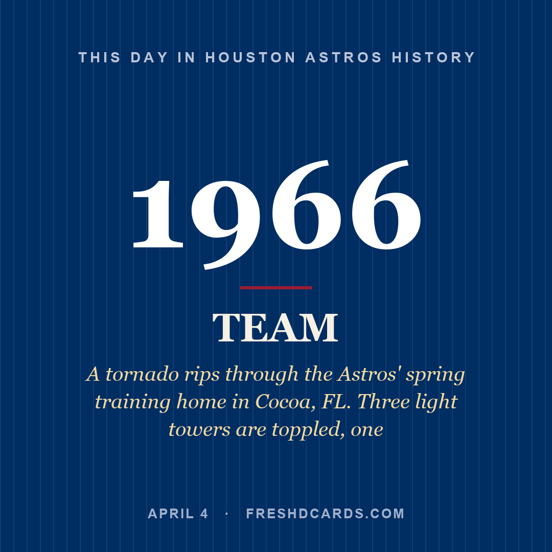 Houston Astros: Houston Astros, 1966, A tornado rips through the Astros' spring training home in Cocoa, FL. Three light towers are toppled, one