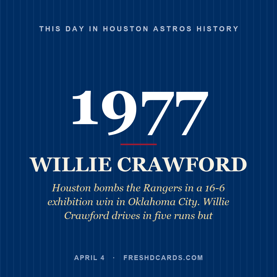 Houston Astros: Willie Crawford, 1977, Houston bombs the Rangers in a 16-6 exhibition win in Oklahoma City. Willie Crawford drives in five runs but
