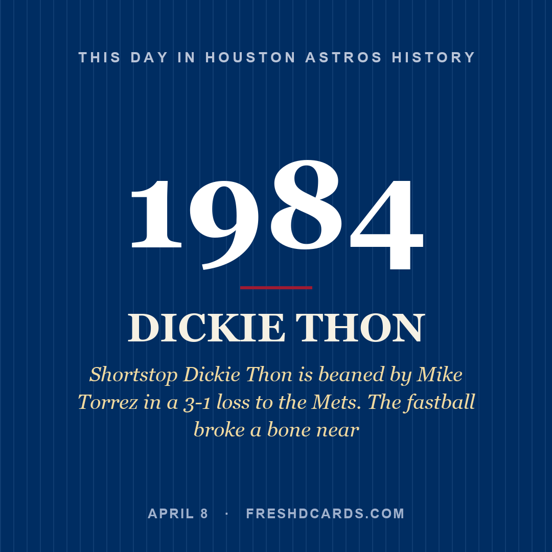 Houston Astros: Dickie Thon, 1984, Shortstop Dickie Thon is beaned by Mike Torrez in a 3-1 loss to the Mets. The fastball broke a bone near