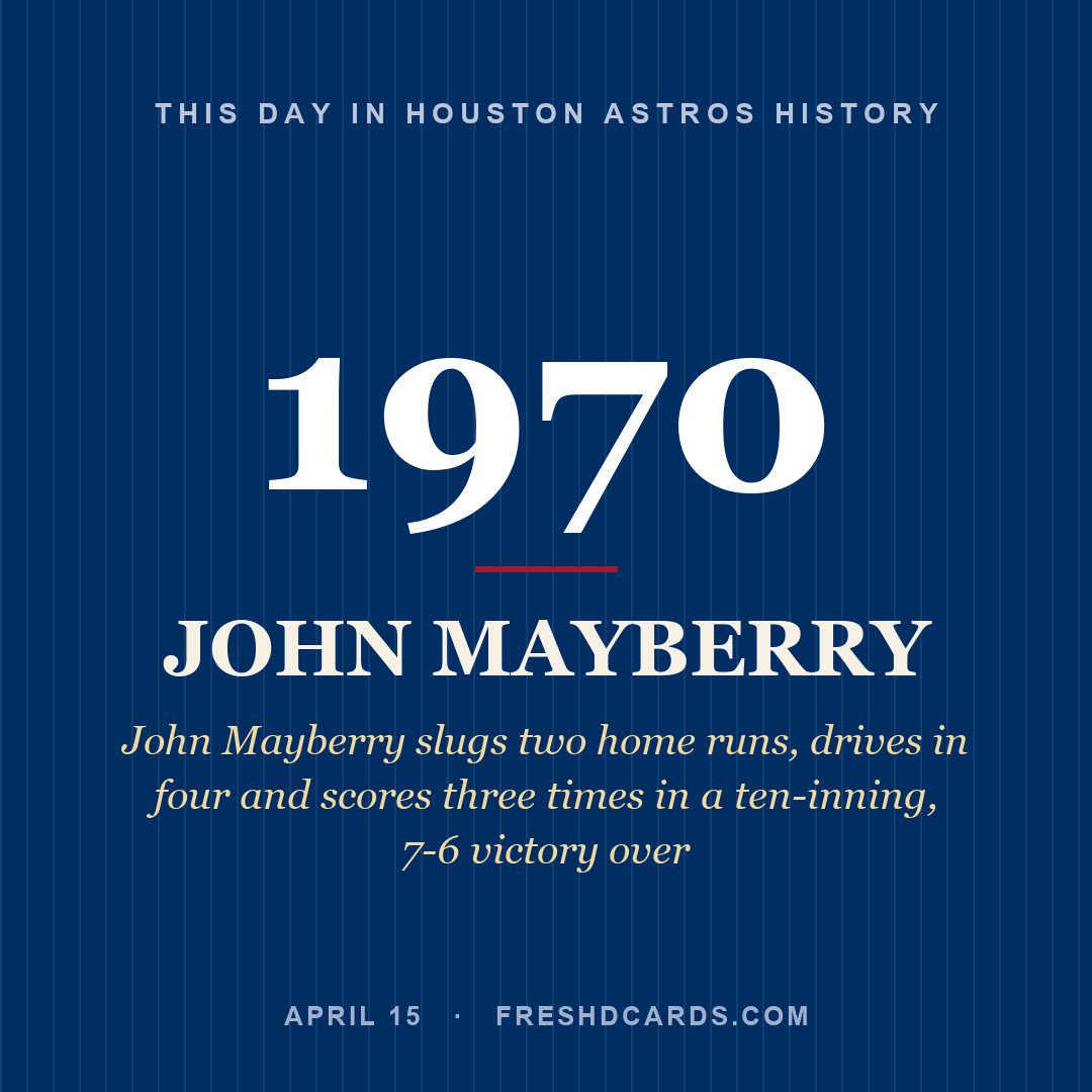 Houston Astros: John Mayberry, 1970, John Mayberry slugs two home runs, drives in four and scores three times in a ten-inning, 7-6 victory over
