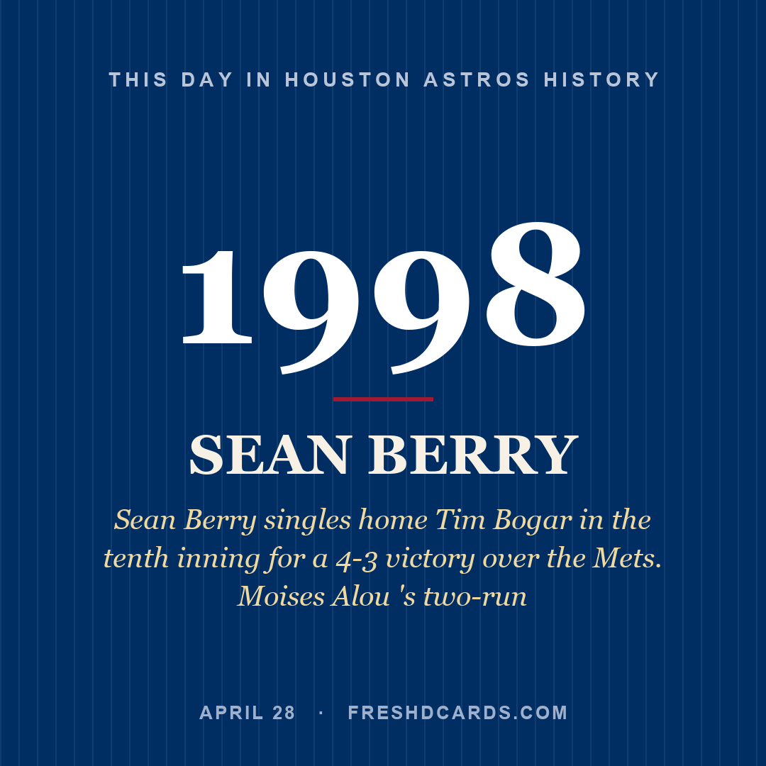 Houston Astros: Sean Berry, 1998, Sean Berry singles home Tim Bogar in the tenth inning for a 4-3 victory over the Mets. Moises Alou 's two-run