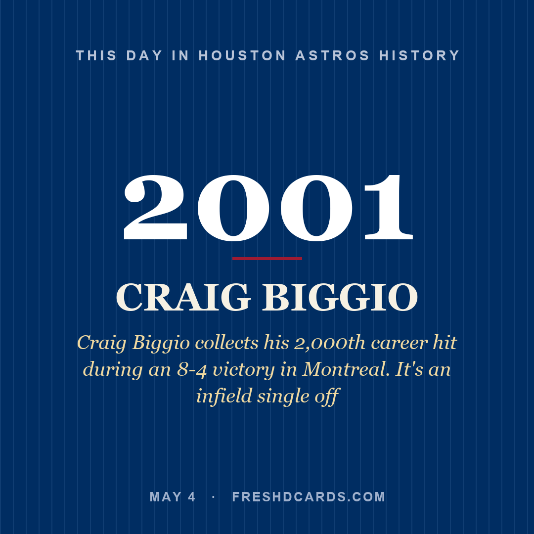 Houston Astros: Craig Biggio, 2001, Craig Biggio collects his 2,000th career hit during an 8-4 victory in Montreal. It's an infield single off