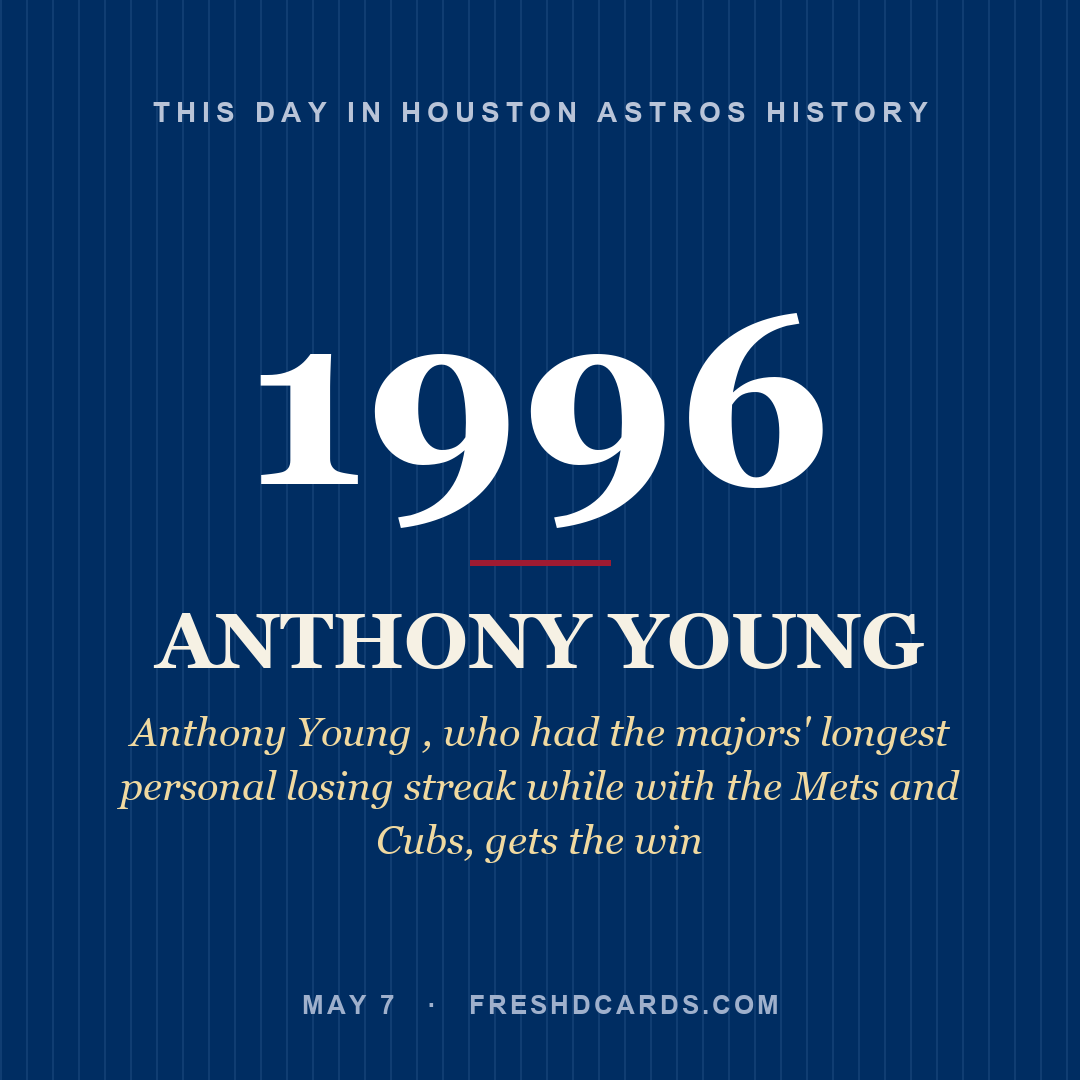 Houston Astros: Anthony Young, 1996, Anthony Young , who had the majors' longest personal losing streak while with the Mets and Cubs, gets the win