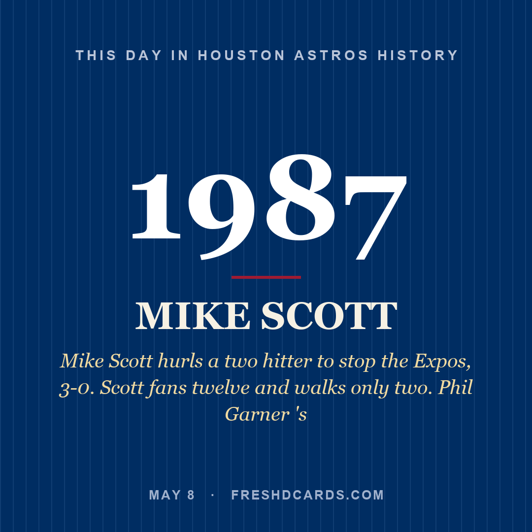 Houston Astros: Mike Scott, 1987, Mike Scott hurls a two hitter to stop the Expos, 3-0. Scott fans twelve and walks only two. Phil Garner 's