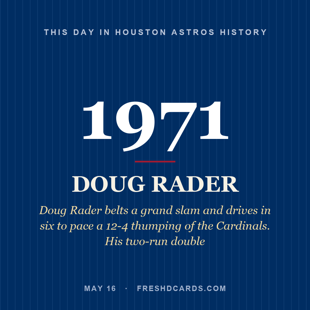 Houston Astros: Doug Rader, 1971, Doug Rader belts a grand slam and drives in six to pace a 12-4 thumping of the Cardinals. His two-run double