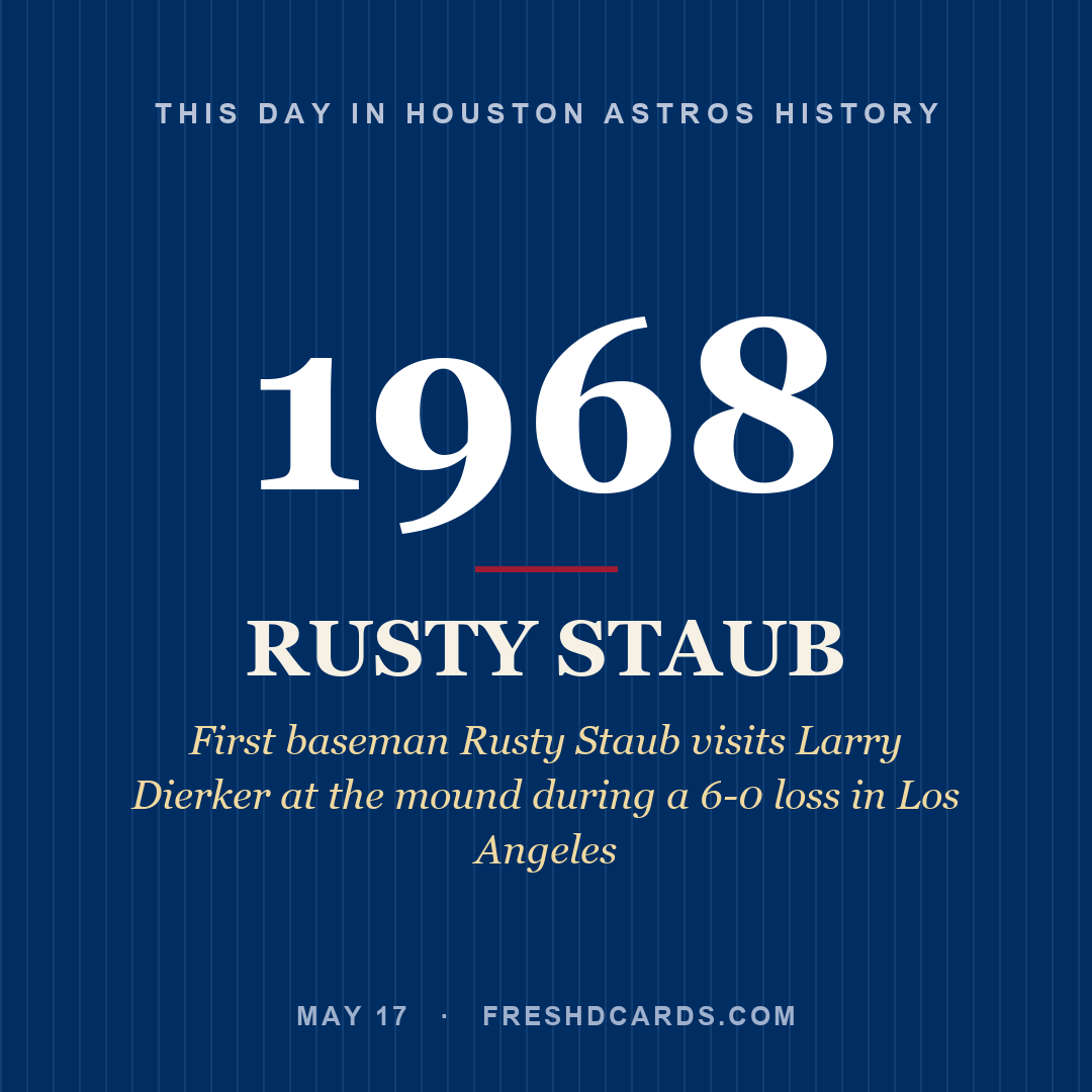 Houston Astros: Rusty Staub, 1968, First baseman Rusty Staub visits Larry Dierker at the mound during a 6-0 loss in Los Angeles
