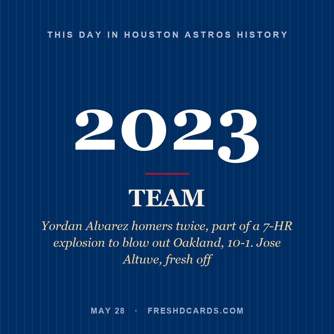 Houston Astros: Houston Astros, 2023, Yordan Alvarez homers twice, part of a 7-HR explosion to blow out Oakland, 10-1. Jose Altuve, fresh off