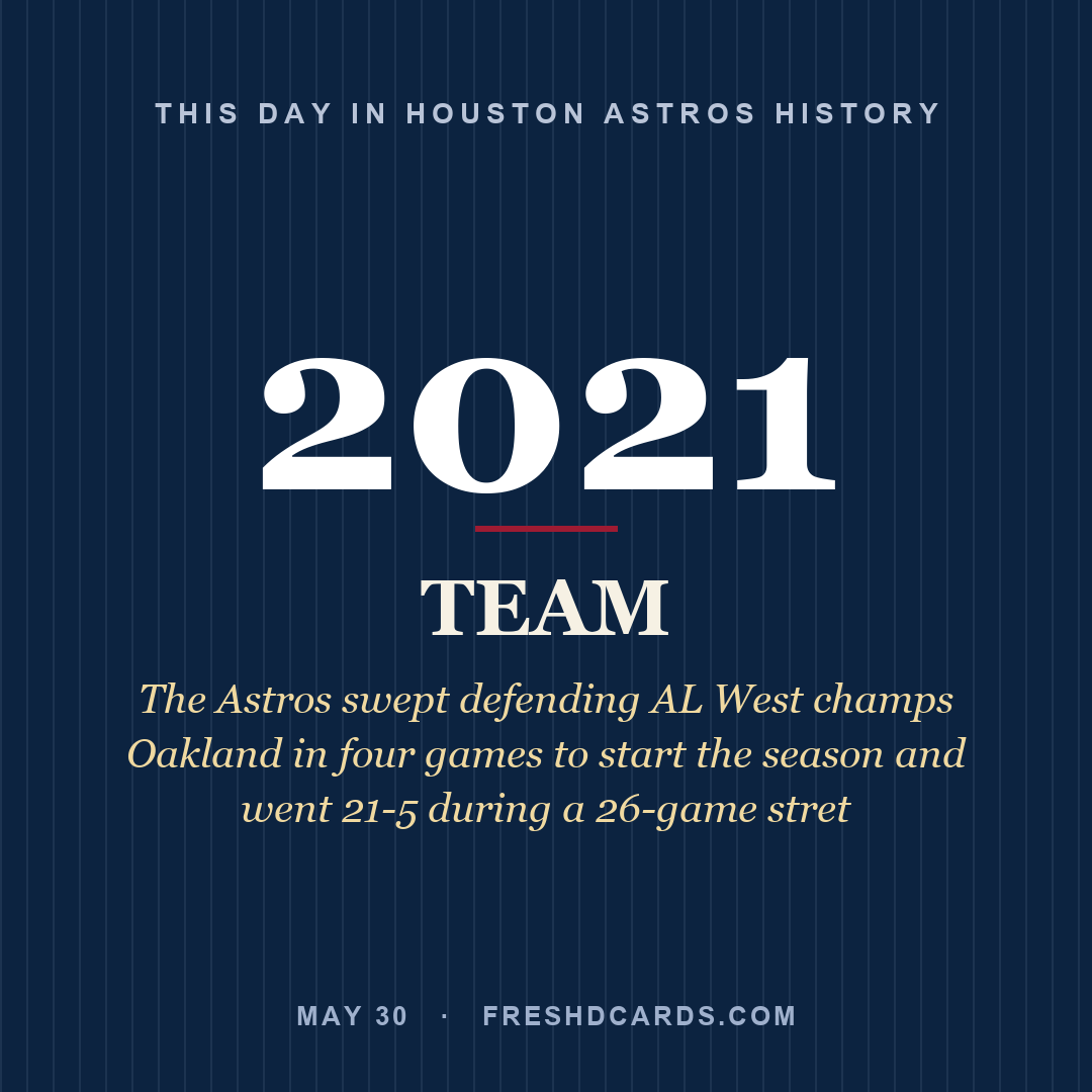 Houston Astros: Houston Astros, 2021, The Astros swept defending AL West champs Oakland in four games to start the season and went 21-5 during a 26-game stret