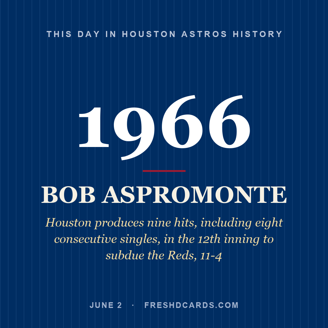 Houston Astros: Bob Aspromonte, 1966, Houston produces nine hits, including eight consecutive singles, in the 12th inning to subdue the Reds, 11-4